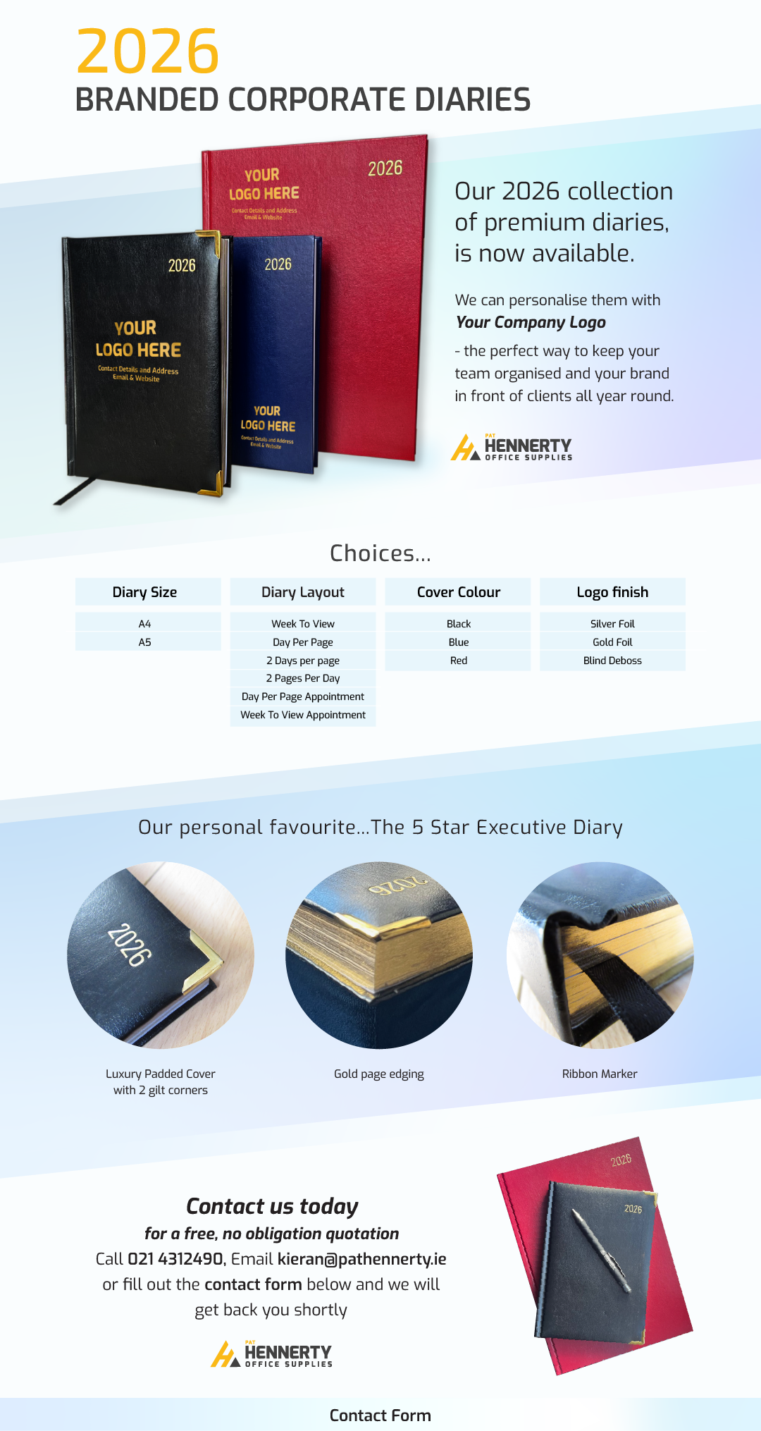 Branded Corporate Diaries for 2026 available from Pat Hennerty Office Supplies 